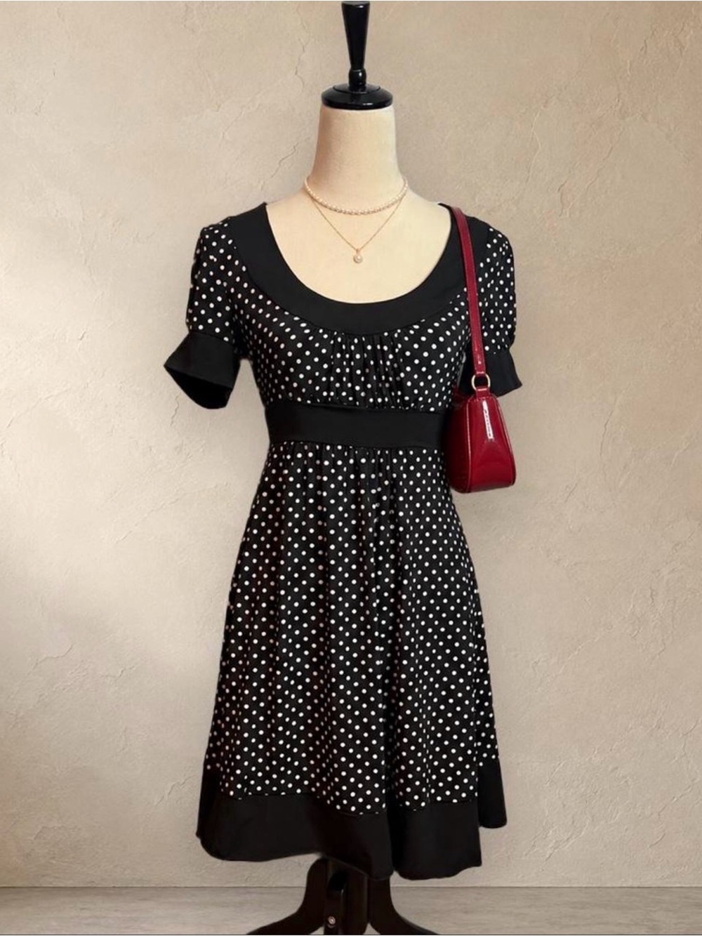My Michelle Black White Polka Dot Dress S Bow Back Retro Coquette Fit & Flare